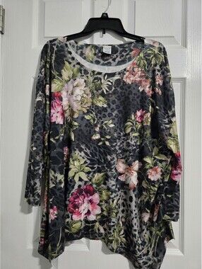 Time and Tru XXXL 22 Mixed Print Floral Leopard Ribbed Knit 3/4 Sleeve Top